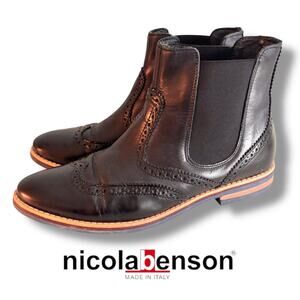 Nicola Benson Mens Black Leather Oxford Ankle Boots Sz 42 Italian SlipOn Chelsea